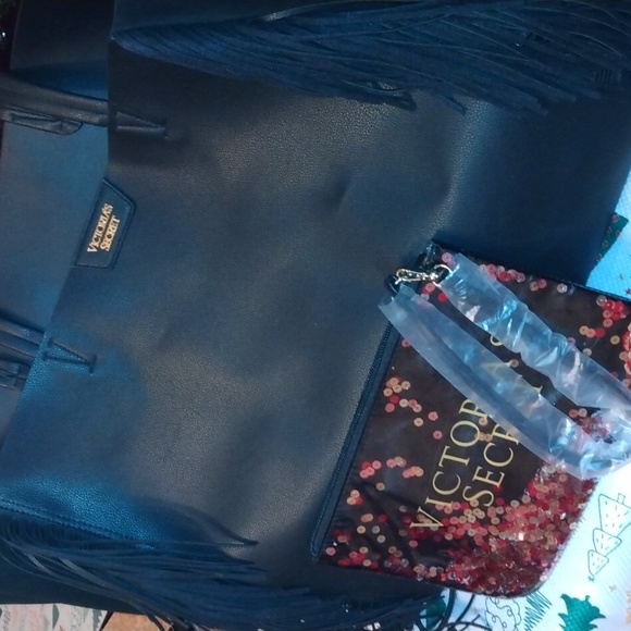 Victoria Secret black tote bag+ black and sequin festive cosmetic bag New - Picture 17 of 17